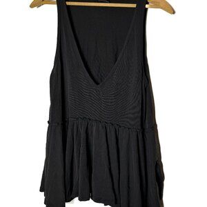 Urban Outfitters Black Ruffle Baby Doll Tank Top Pleated Hem V-Neck Size Med